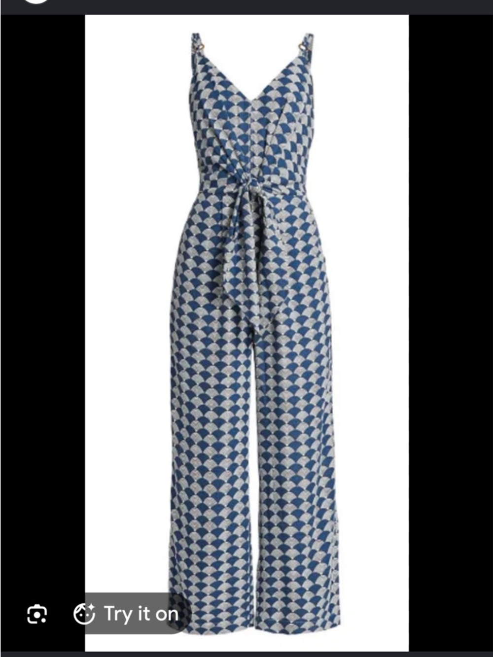 Like New Elie Tahari Blue and White Geometric Wide-Leg Jumpsuit